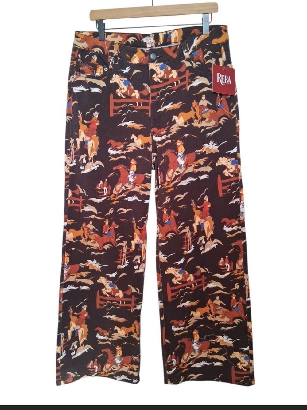 Reba Women's Brown Printed Cowboy Scene Pants 14